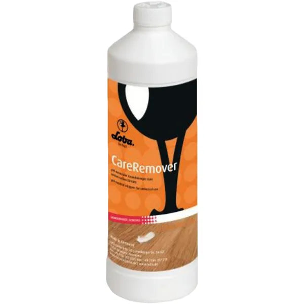 Loba CareRemover Reiniger in einer weißen Flasche mit orangefarbenem Etikett.