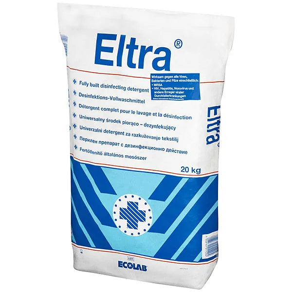 Eltra 20kg Sack mit Desinfektionsmittel und Ecolab Logo.