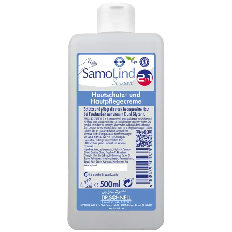 500ml Flasche von Samolind Sensitive 2in1 für sanfte Reinigung und Pflege sensibler Haut.