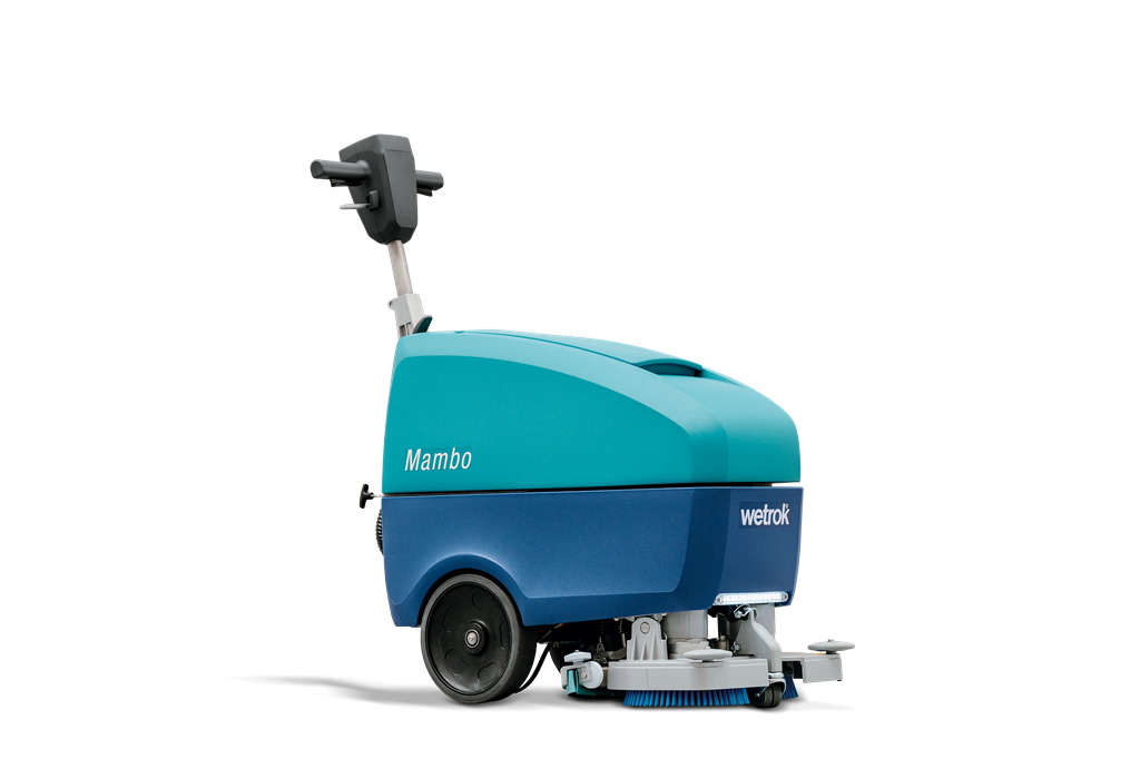 Ein blauer und türkisfarbener Scheuersaugautomat mit dem Namen Mambo.