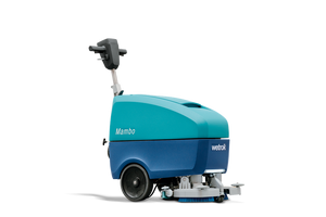 Ein blauer und türkisfarbener Scheuersaugautomat mit dem Namen Mambo.