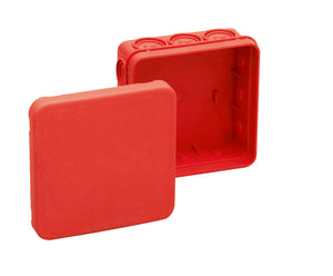 Roter Feuchtraumabzweigkasten FRAK-VDE-ROT mit robustem Design und Platz für Kabelverlegung.