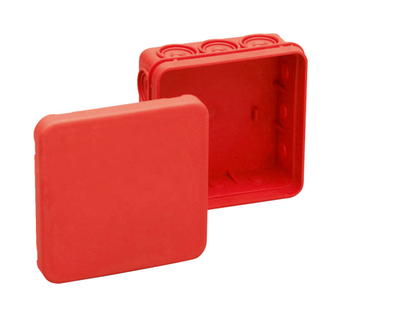 Roter Feuchtraumabzweigkasten FRAK-VDE-ROT mit robustem Design und Platz für Kabelverlegung.