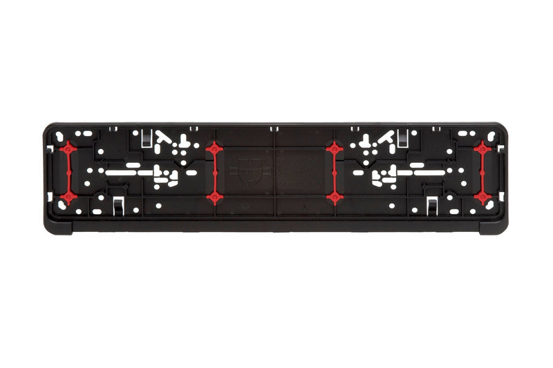 Schwarze Grundplatte zur Befestigung von Kennzeichen mit vorgebohrten Löchern.
