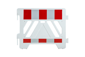 Vierteiliges Absperr- und Bauzaunzubehörset für flexible und stabile Absperrungen auf Baustellen.