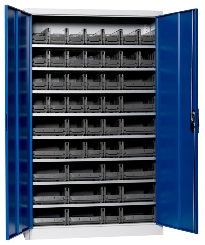 Flügeltürenschrank Lagerbox-FLGTRSHRNK-VOLLBL-SLB-FB523-BOX-RAL5010     Verpackungsinhalt    1 Einheit