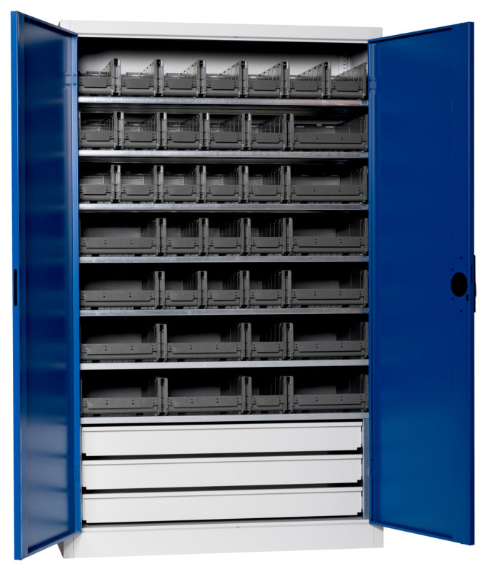 Flügeltürenschrank Lagerbox-FLGTRSHRNK-VOLLBL-SLB-FB523S-BOX-RAL5010     Verpackungsinhalt    1 Einheit