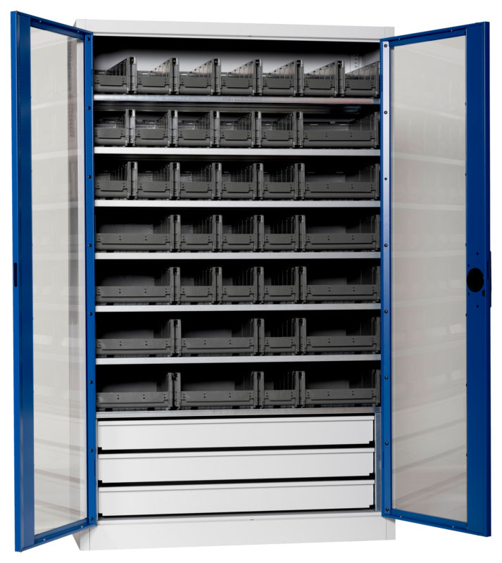 Flügeltürenschrank Lagerbox-FLGTRSHRNK-SICHTF-SLB-FB521S-BOX-RAL5010     Verpackungsinhalt    1 Einheit