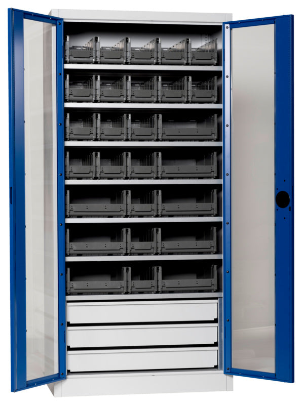 Flügeltürenschrank Lagerbox-FLGTRSHRNK-SICHTF-SLB-FB520S-BOX-RAL5010     Verpackungsinhalt    1 Einheit