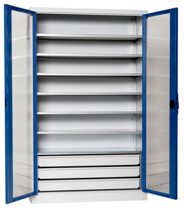 Flügeltürenschrank Lagerbox-FLGTRSHRNK-SICHTF-SLB-FB521S-RAL5010     Verpackungsinhalt    1 Einheit