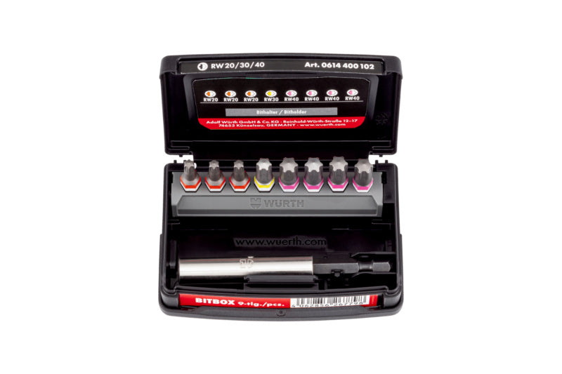 Bit RW Abtrieb Sortiment-BIT-RW-SORT-20/30/40-9TLG     Verpackungsinhalt    1 Einheit