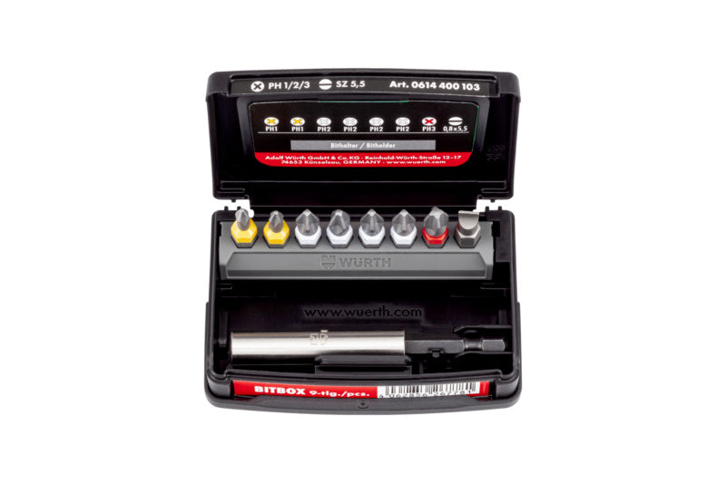 Das BIT-GEM-SET-PH/SZ-9TLG besteht aus neun hochwertigen Bits in einer praktischen Aufbewahrungsbox.