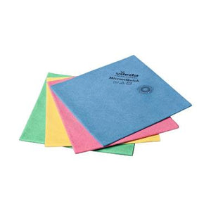 Vier Vileda MiranQuick Mikrofasertücher in verschiedenen Farben.