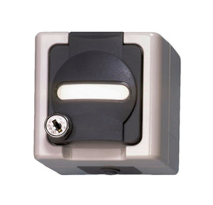 Zwei graue STEDO Apparatschalter mit Schloss, 16A, 250V, für Elektroinstallationen.