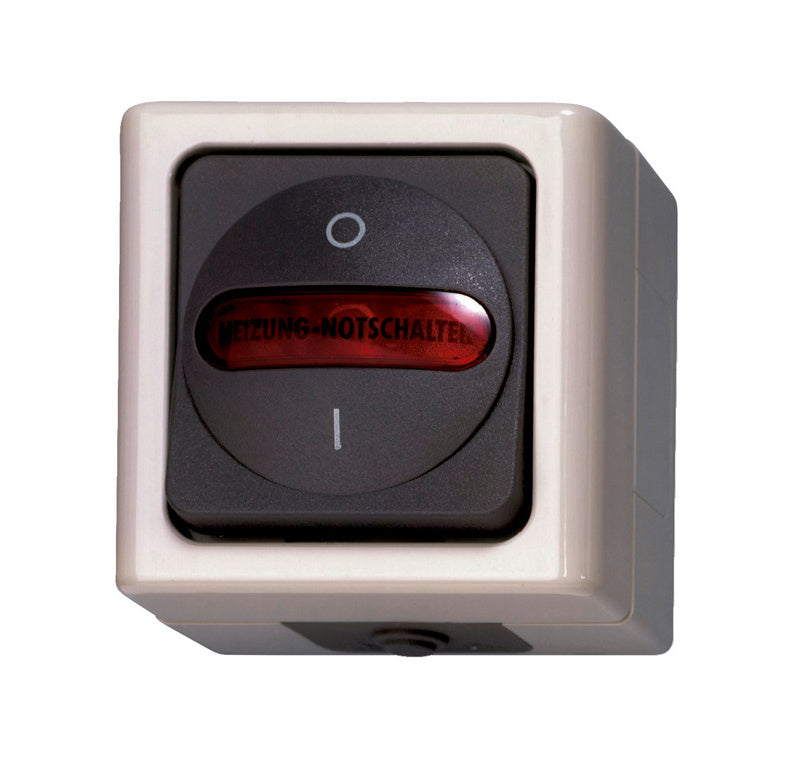 Grauer Heizungsnot-Aus-Schalter mit zwei Steckplätzen für einfache Steuerung und Sicherheit.
