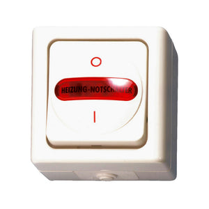Weißer Not-Aus-Schalter für Heizungsnotfälle mit zwei Plug-Anschlüssen und rotem Knopf.
