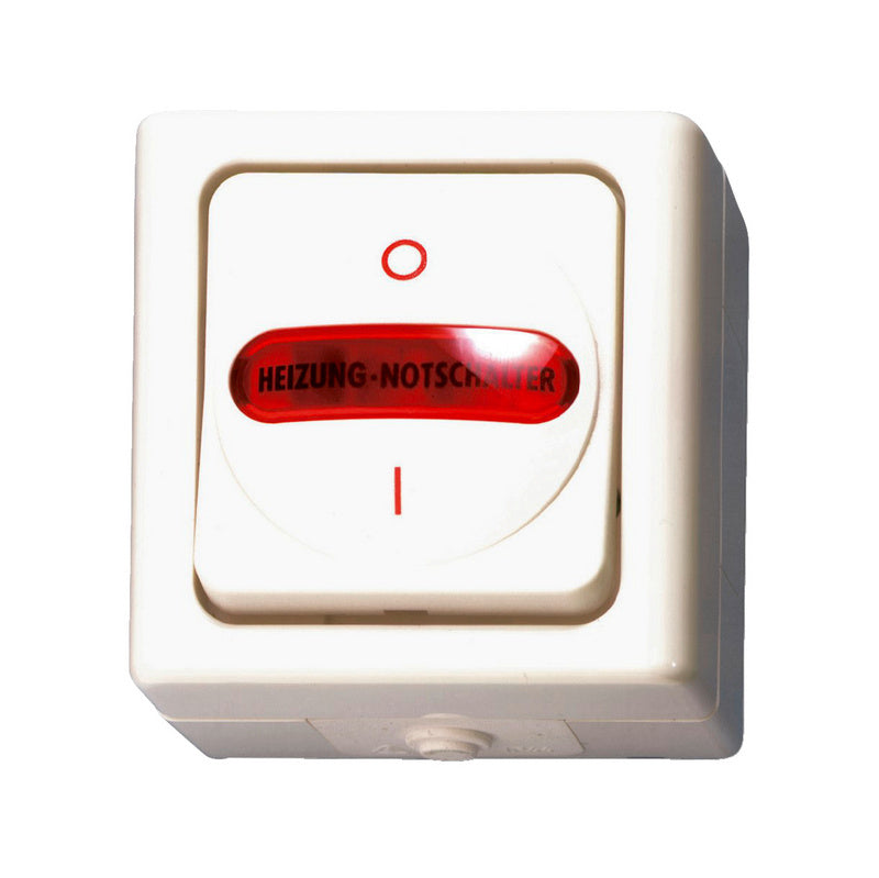 Weißer Not-Aus-Schalter für Heizungsnotfälle mit zwei Plug-Anschlüssen und rotem Knopf.