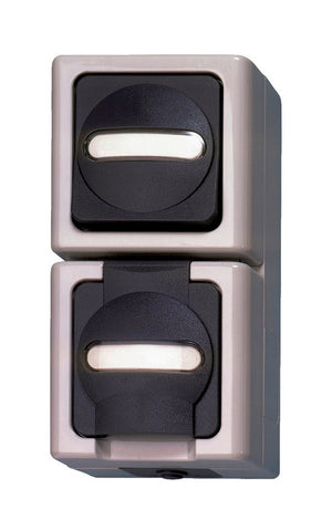 Senkrechter grauer Schalter mit minimalistischer Ästhetik und klaren Linien.