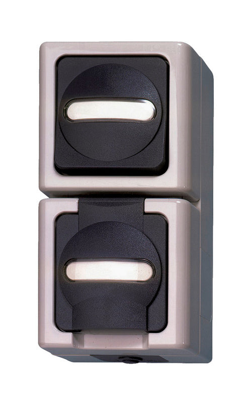 Senkrechter grauer Schalter mit minimalistischer Ästhetik und klaren Linien.