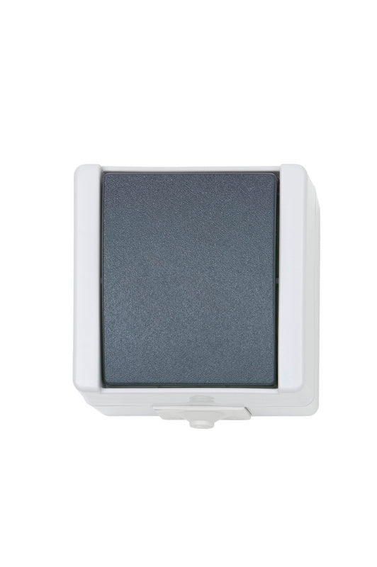 Grauer Wippschalter mit 10A-250V, geeignet für verschiedene elektrische Anwendungen.