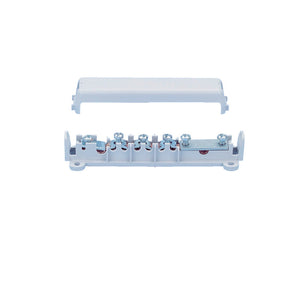 Zehn Einheiten Potentialausgleichsschienen nach VDE-Norm für sichere Elektroinstallationen.