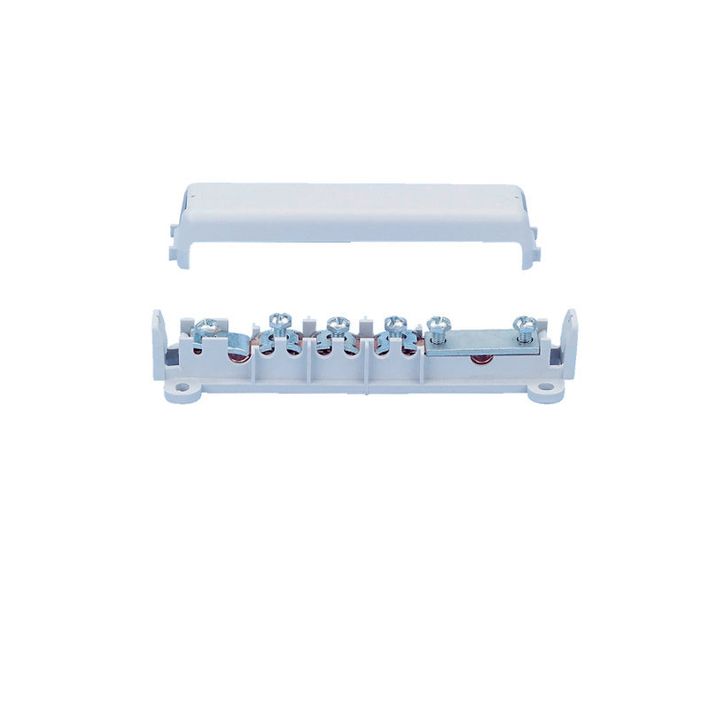 Zehn Einheiten Potentialausgleichsschienen nach VDE-Norm für sichere Elektroinstallationen.