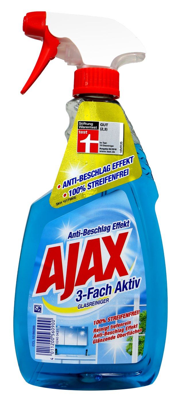 Ajax Glasreiniger Sprühflasche mit rotem Sprühkopf und gelbem Etikett.
