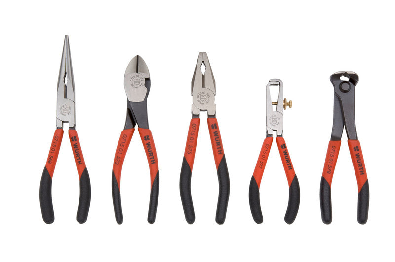 Set of five pliers with red and black ergonomic handles for various tasks.