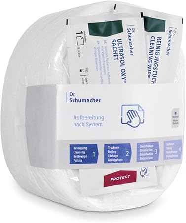 Sechs Pakete mit je 100 Reinigungstüchern in der Größe 30x32 cm, feucht und hygienisch verpackt.