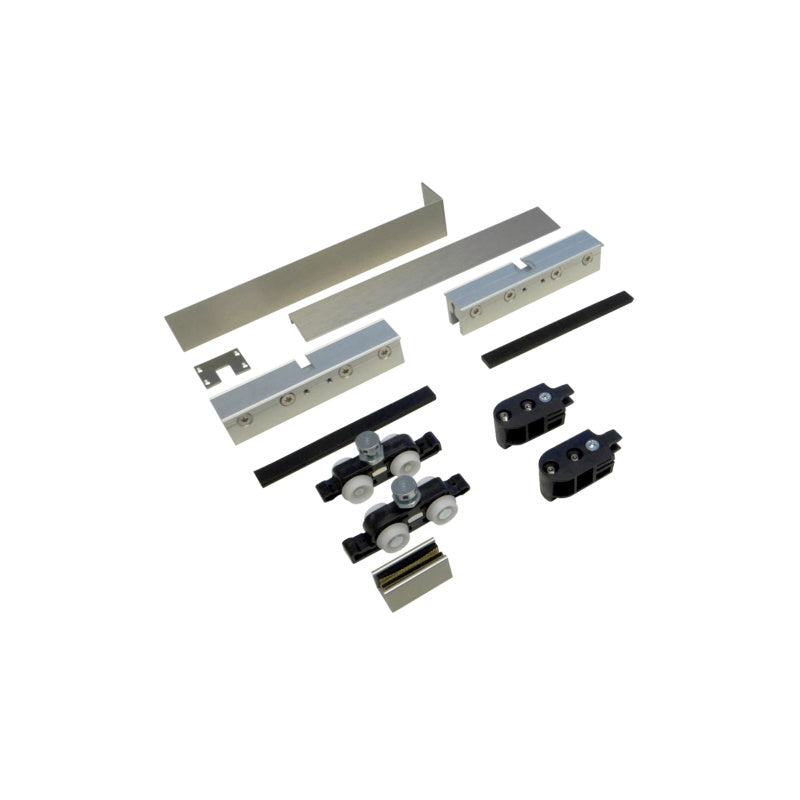 Schiebetürbeschlag für Zimmertüren bis 80 cm, aus robustem Material mit Montageschienen und Rollen.