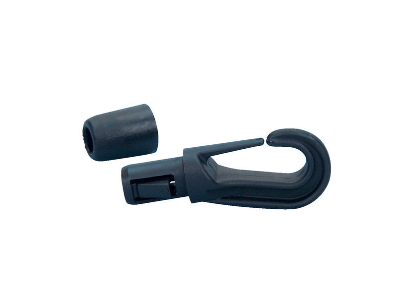 Schwarzer Karabinerhaken aus Kunststoff mit 8 mm Durchmesser, 25 Stück im Set.