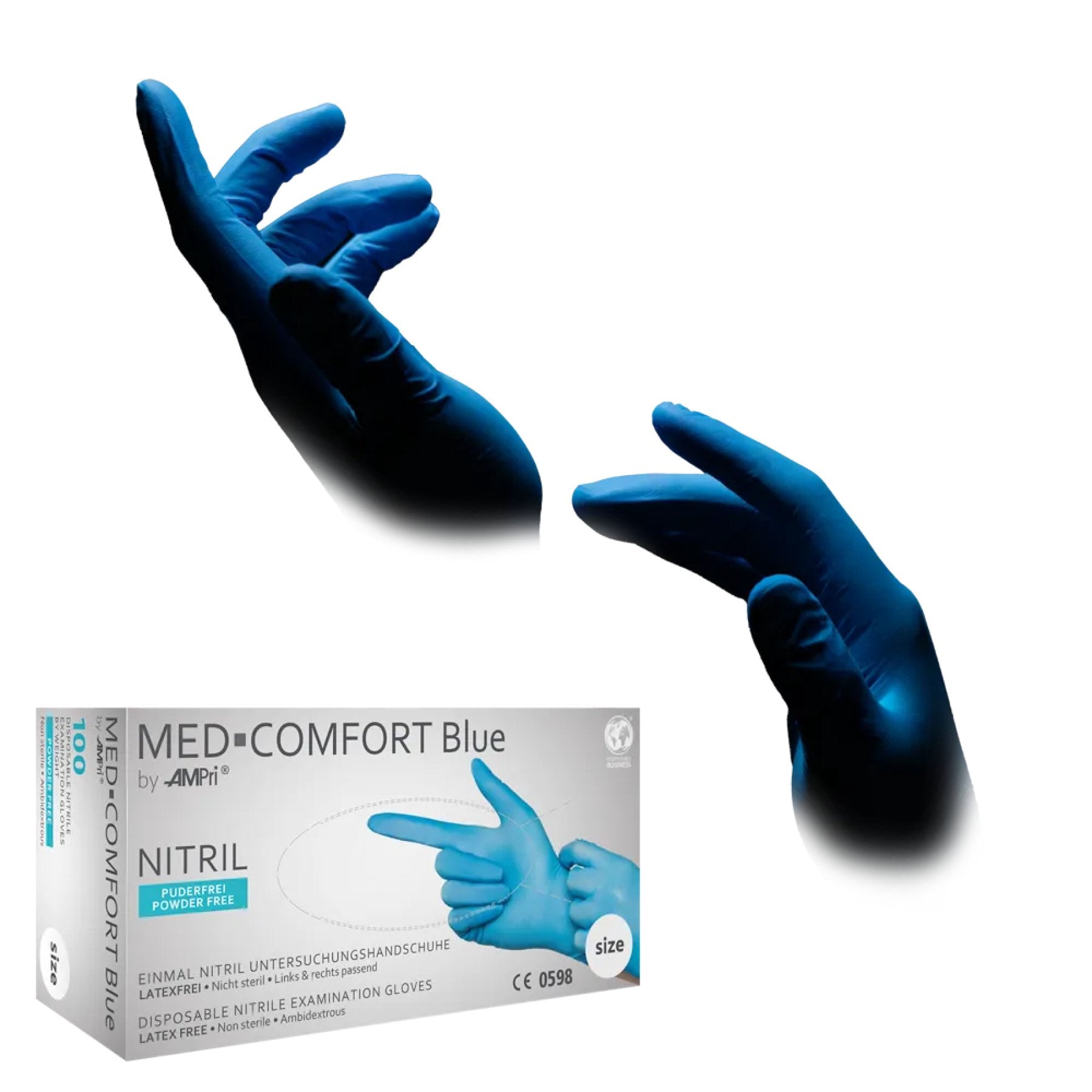 Med-Comfort Blue Nitrile Examination Gloves, powder-free, blue, non-sterile, size M, 100 pcs/box