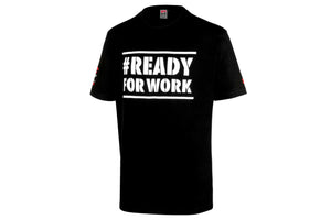 Schwarzes Arbeitsshirt mit rundem Halsausschnitt und doppelten Nähten für Stabilität.