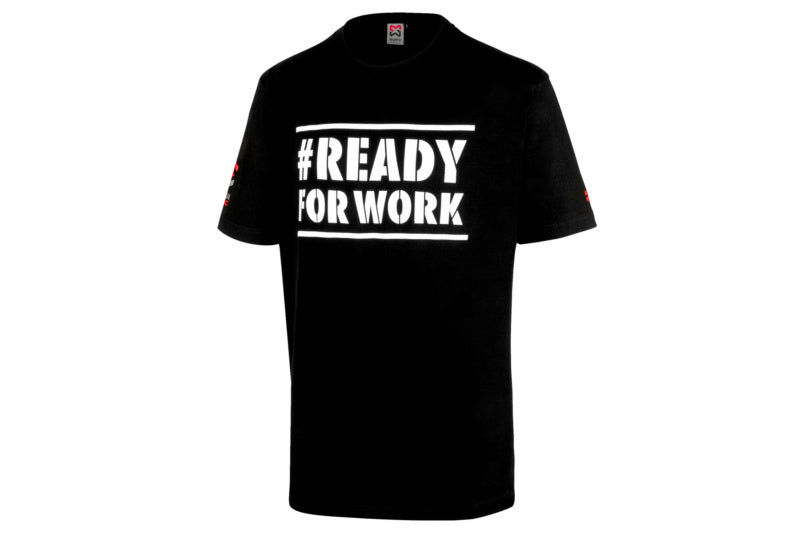 Schwarzes Arbeitsshirt mit rundem Halsausschnitt und doppelten Nähten für Stabilität.