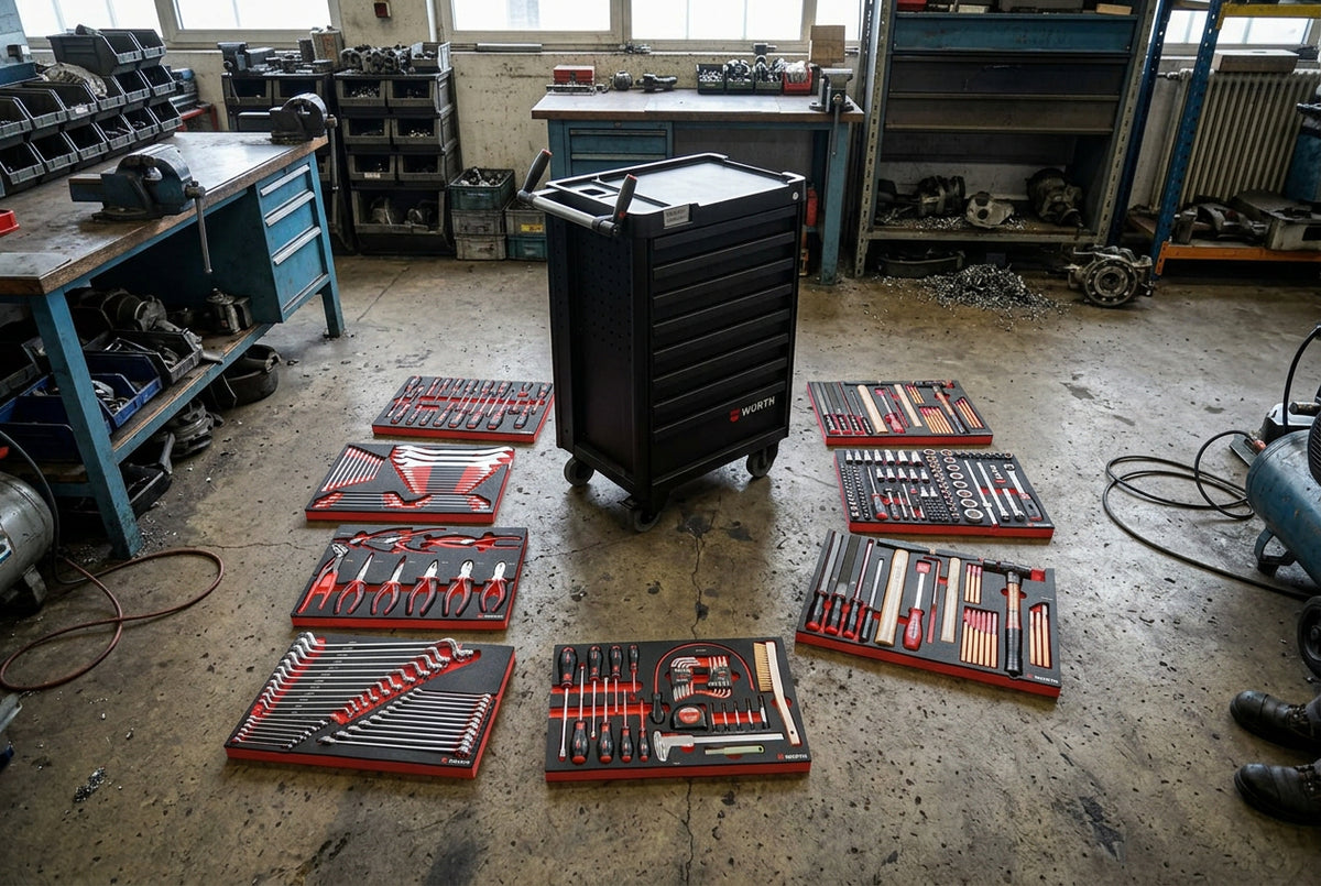 Bild des System Sortiments WRKSTWG mit verschiedenen hochwertigen Werkzeugen und Materialien.