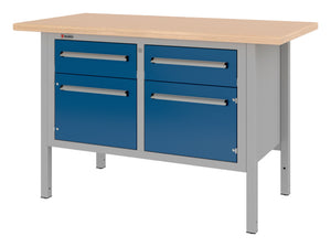 Blaue Standard-Kastenwerkbank mit 1500 mm Breite, zwei Schubladen und zwei Flügeltüren.