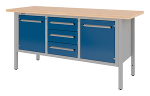 Robuste Standard-Kastenwerkbank mit drei Schubladen und zwei Flügeltüren in RAL5010 Blau.