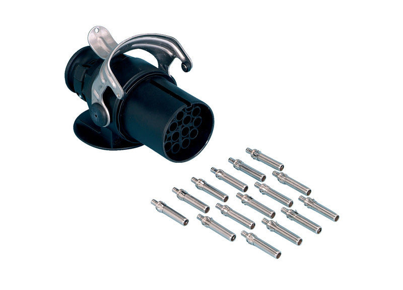 A 15-plug trumpet connector with a 24V rating, designed for versatile use.