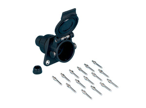 Black electrical connector with 15 pins and 24V rating, designed for secure connections.