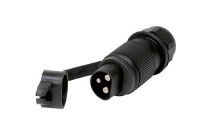 Stecker DIN9680 KST 3-polig 6-24V in schwarzem Kunststoff, 2 Einheiten sichtbar.