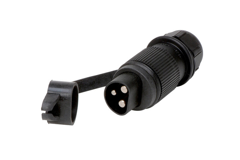 Stecker DIN9680 KST 3-polig 6-24V in schwarzem Kunststoff, 2 Einheiten sichtbar.