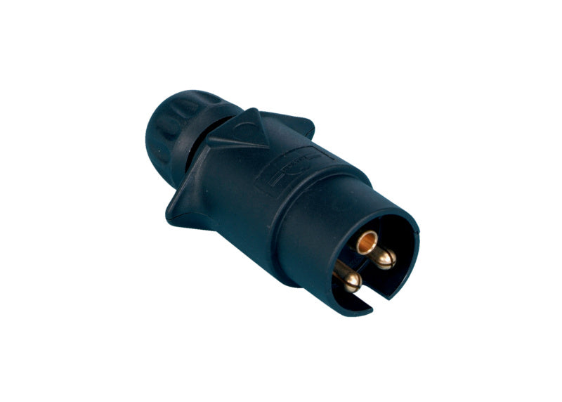 Three-pole connector for voltage range of 6-24V with sturdy design.