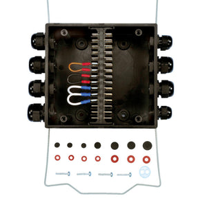 Steverbr komplettdose adr 16 ein und ausgang in grauem Kunststoffgehäuse mit Deckel.