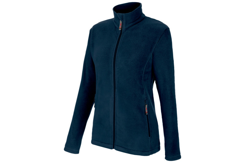 Dunkelblaue Fleecejacke für Damen mit Frontreißverschluss und seitlichen Taschen.