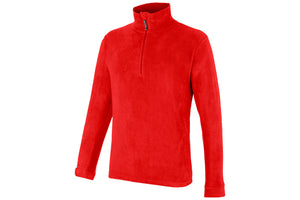 Roter Arbeitspullover mit Half-Zip, Fleece-Material und hohem Kragen für Wärme und Komfort.