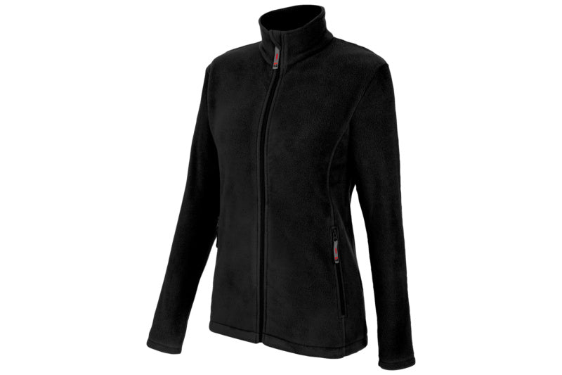 Dunkelblaue Fleecejacke mit Reißverschluss und mehreren Taschen für aktive Frauen.