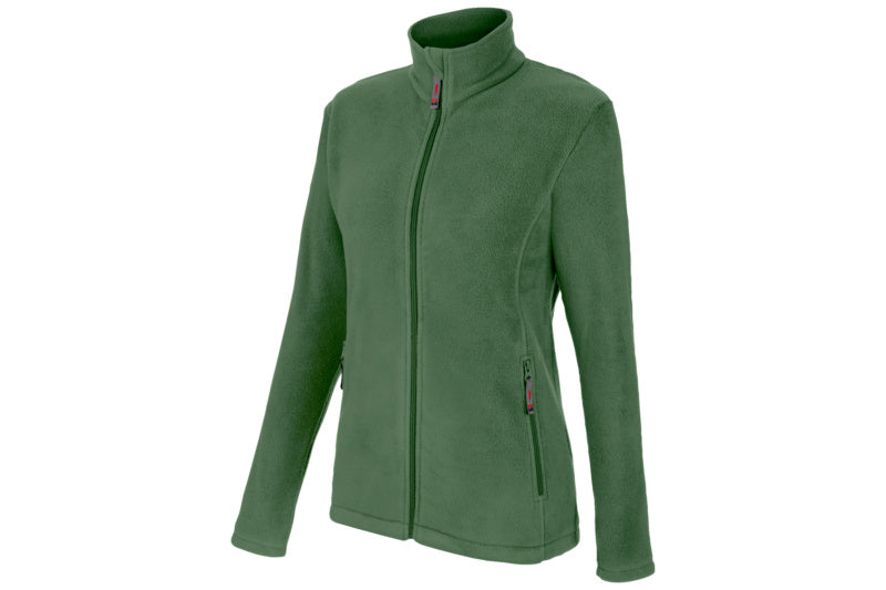 Grüne Fleecejacke für Damen mit Stehkragen und seitlichen Taschen, ideal für Outdoor-Aktivitäten.