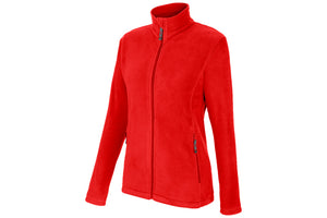 Rote Damen-Fleecejacke mit Reißverschluss, hohem Kragen und seitlichen Taschen.