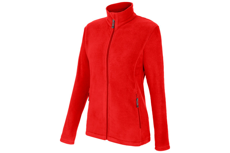 Rote Damen-Fleecejacke mit Reißverschluss, hohem Kragen und seitlichen Taschen.