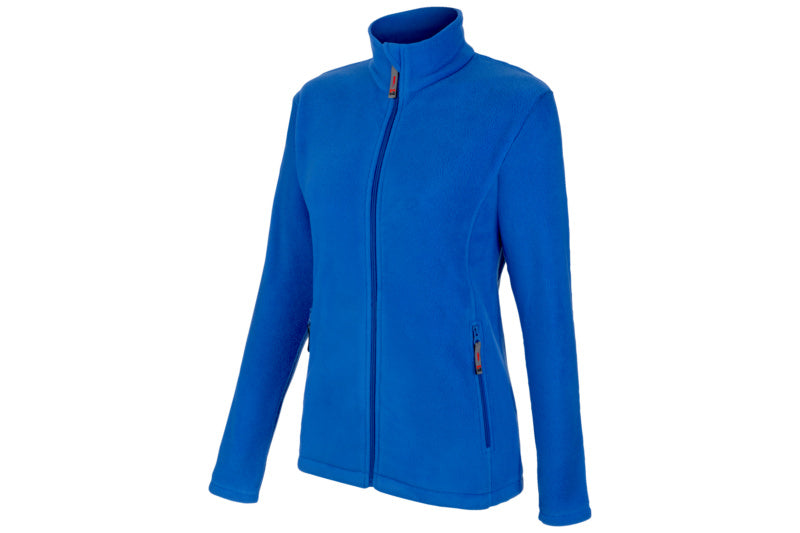 Damen Fleecejacke in royalblau mit Reißverschluss und mehreren Taschen für praktische Nutzung.